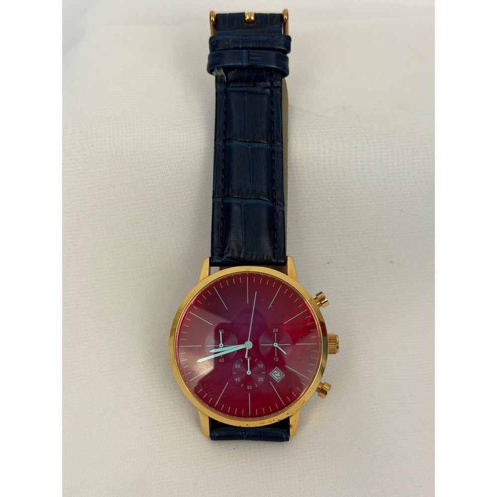 Grandson Engraved Chronograph Watch Red Dial Gold Case Blue Leather Strap